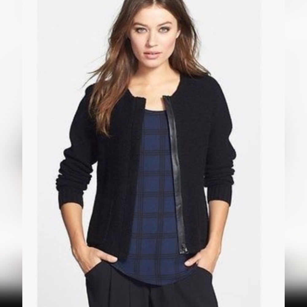 Eileen Fisher Black Yak Wool Leather Trim Textured Jacket Sweater Cardigan NWOT - Picture 16 of 16